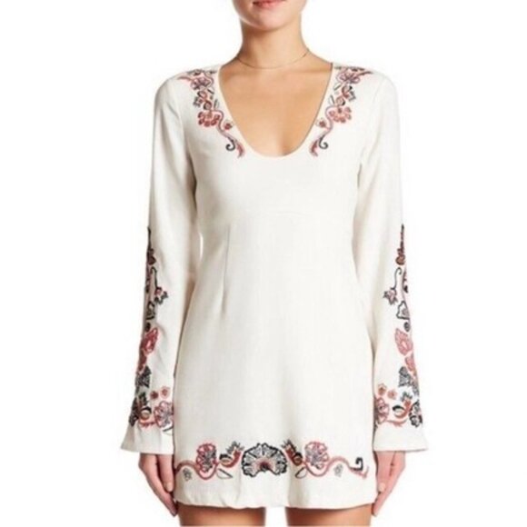 Free People Embroidered Holiday Folk Mini Dress in Ivory Combo - Size 4 - Picture 6 of 15